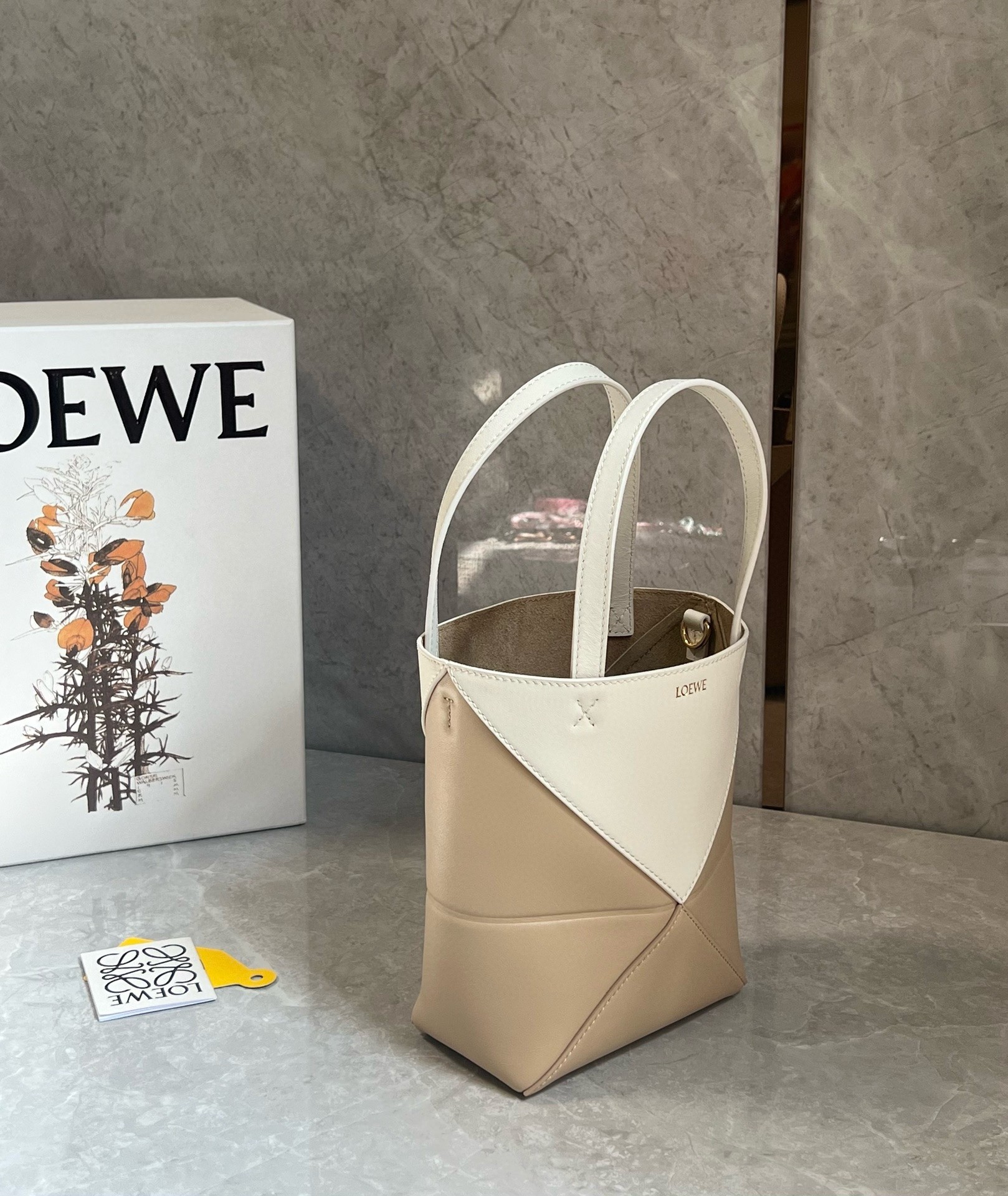L0ew* mini puzzle fold tote bag in white/beige calfskin