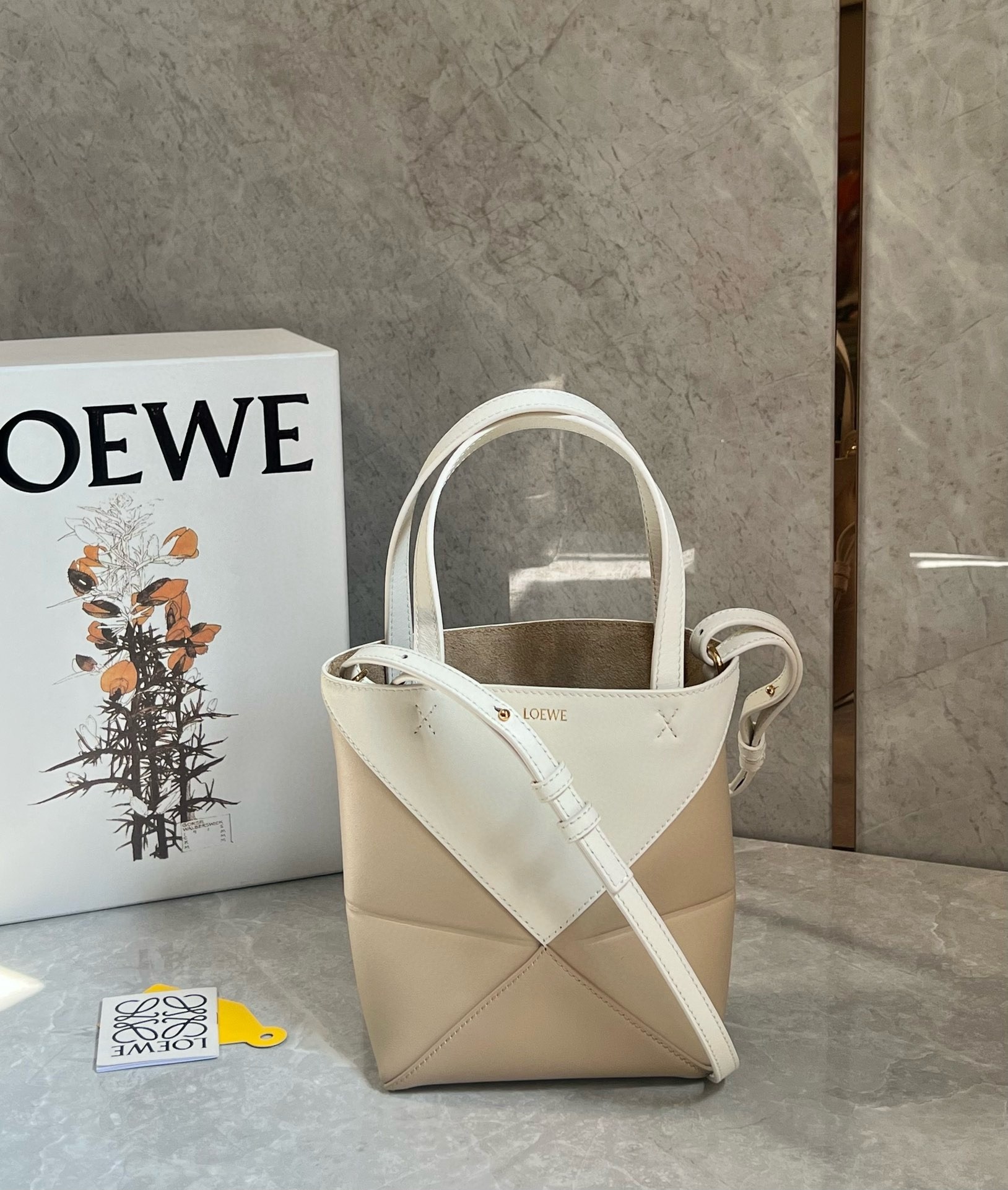 L0ew* mini puzzle fold tote bag in white/beige calfskin