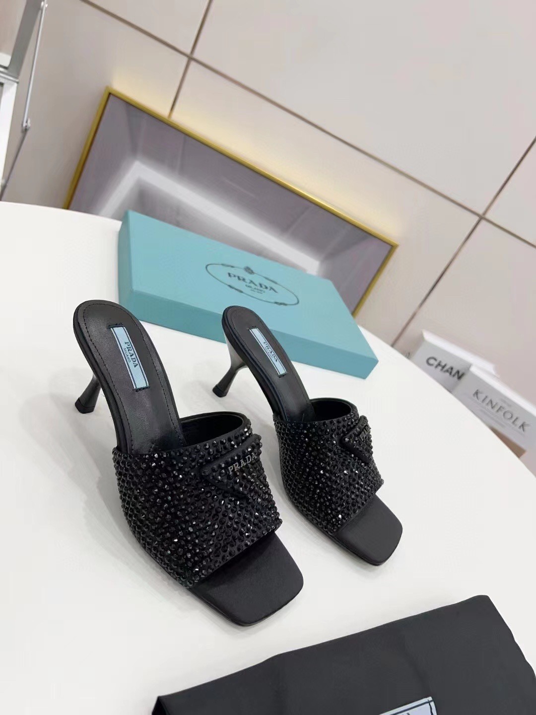 Pra*a black satin heeled sandals with crystals