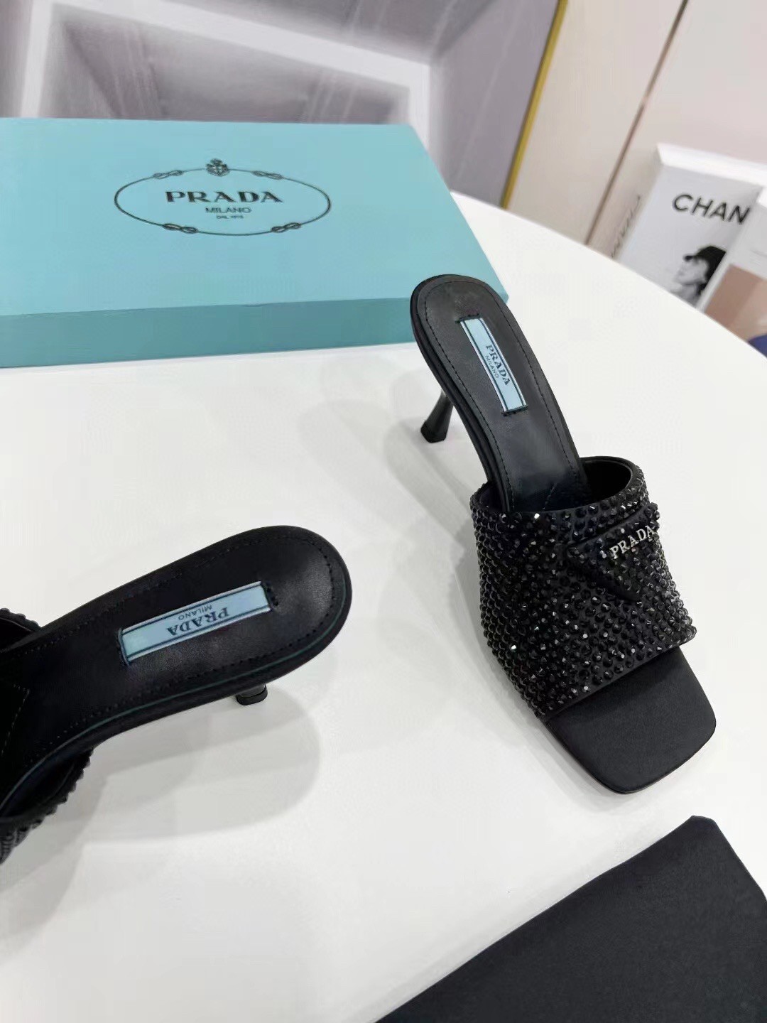 Pra*a black satin heeled sandals with crystals