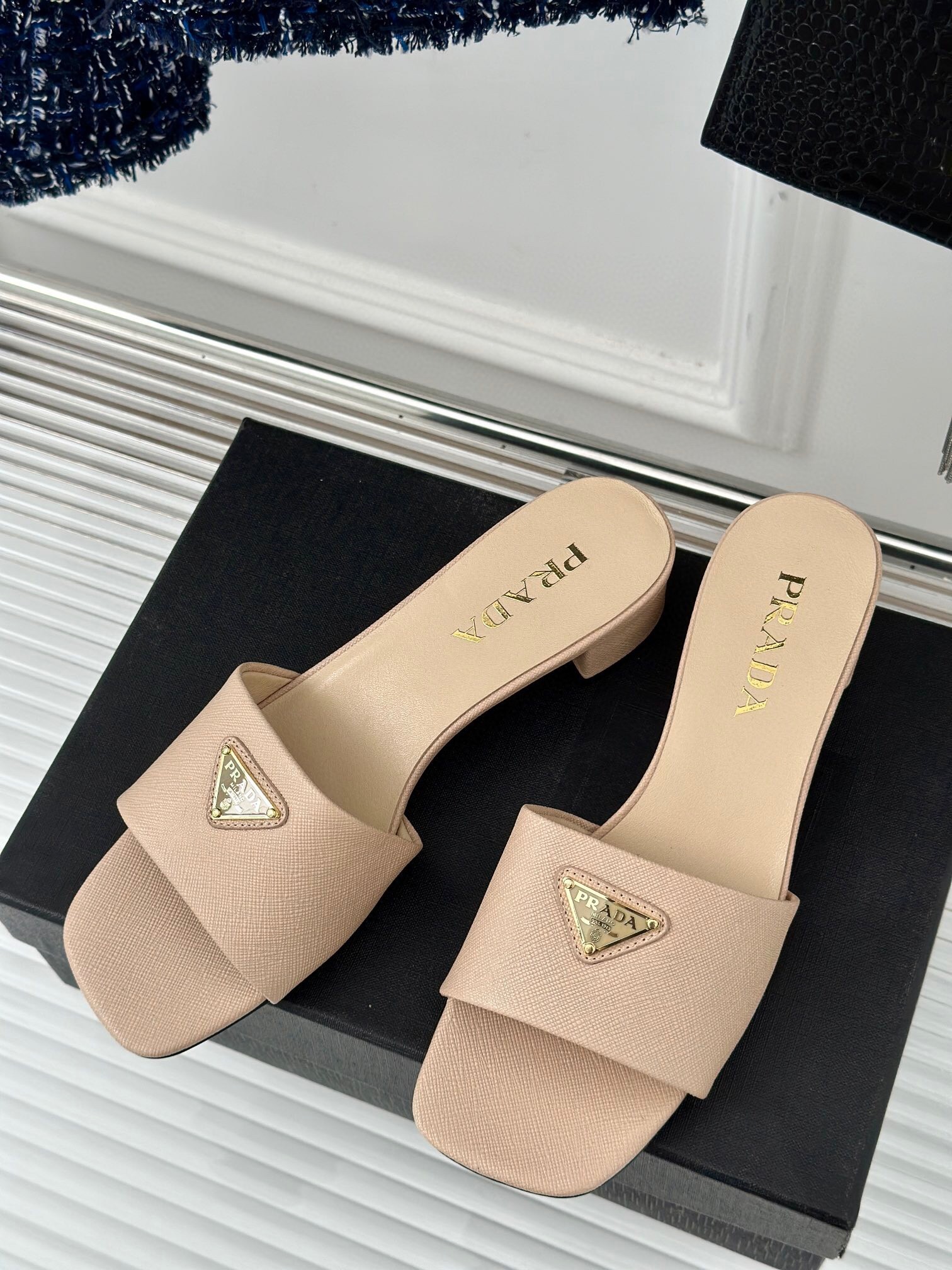 Pra*a heeled sandals 35mm in beige saffiano leather