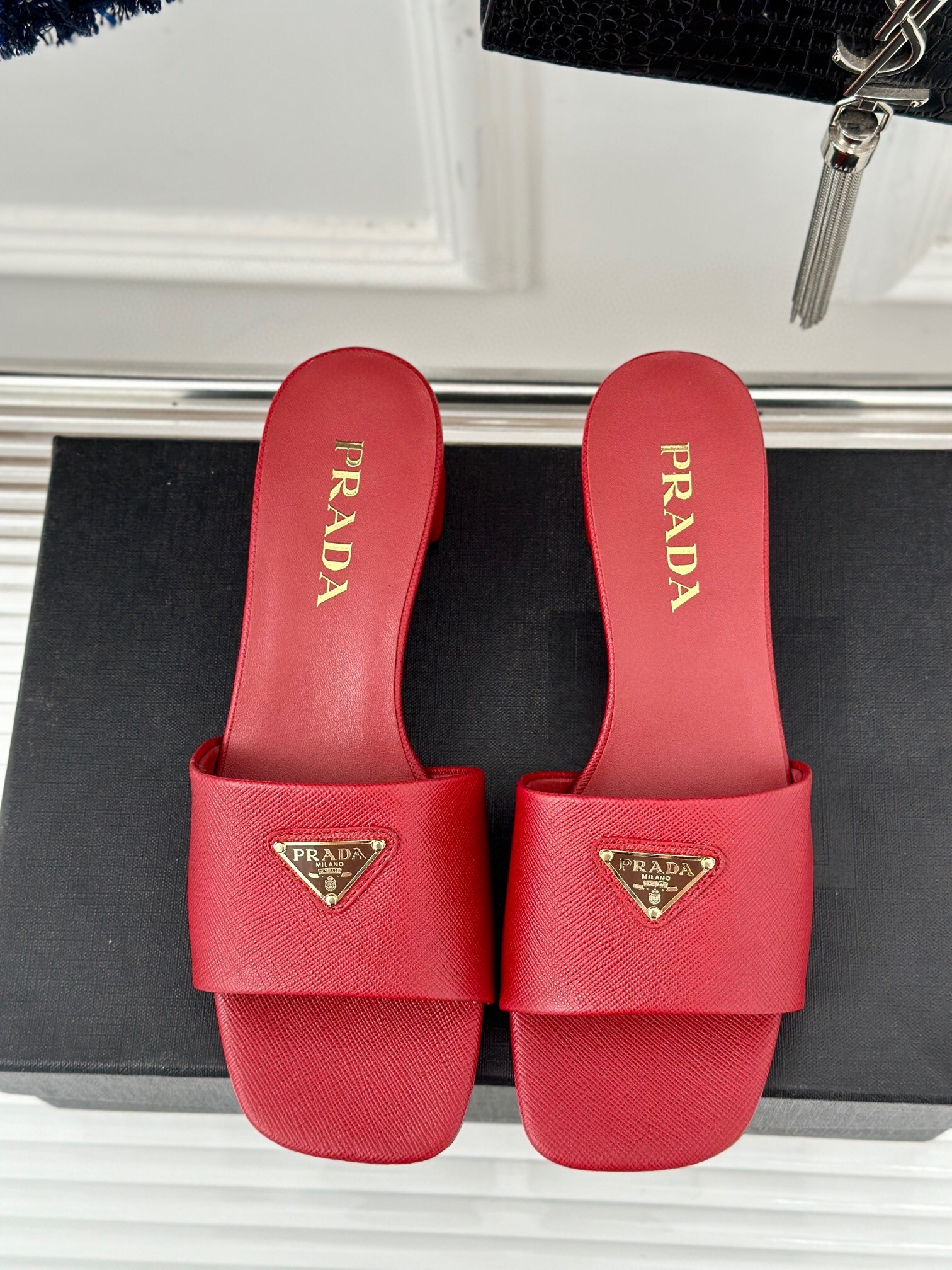 Pra*a heeled sandals 35mm in red saffiano leather