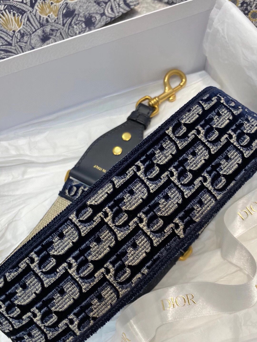 D*or shoulder strap in blue D*or oblique embroidered velvet