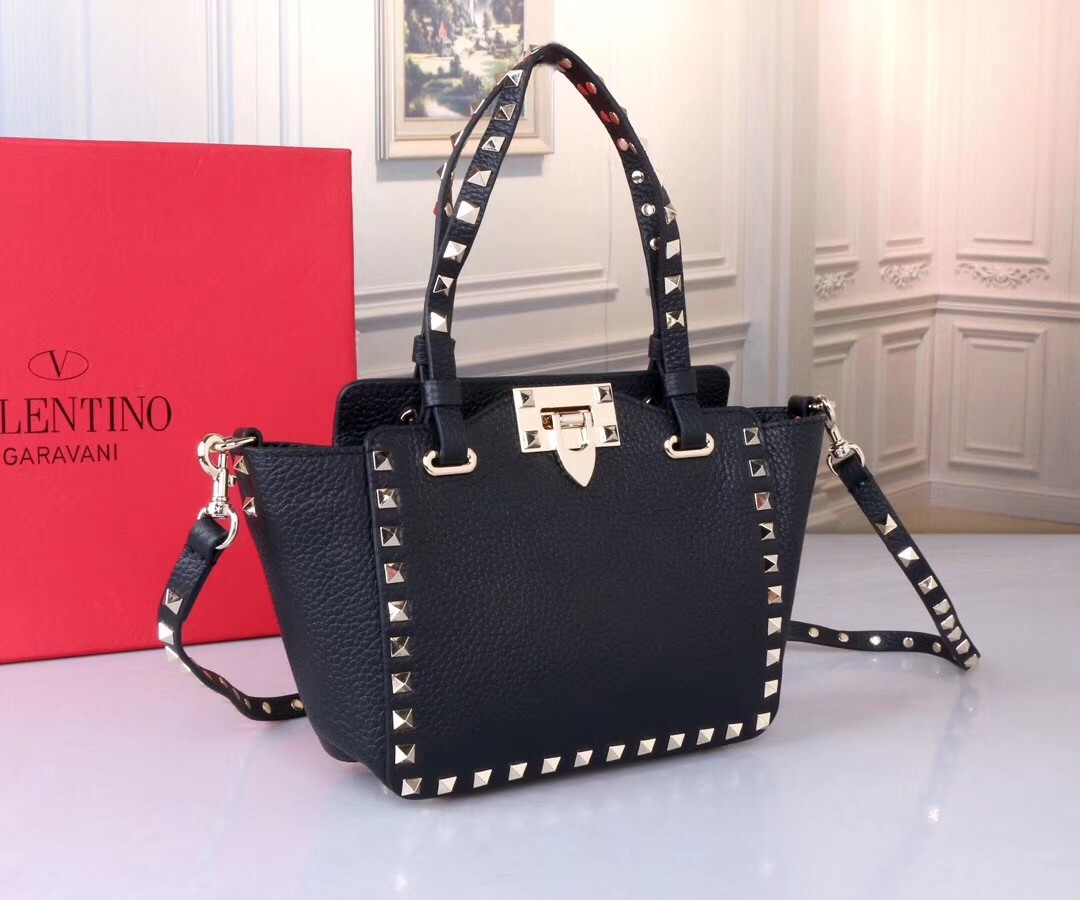 Va1e*ntin0 mini rockstud tote in black grain calfskin