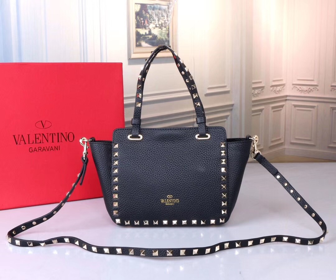 Va1e*ntin0 mini rockstud tote in black grain calfskin