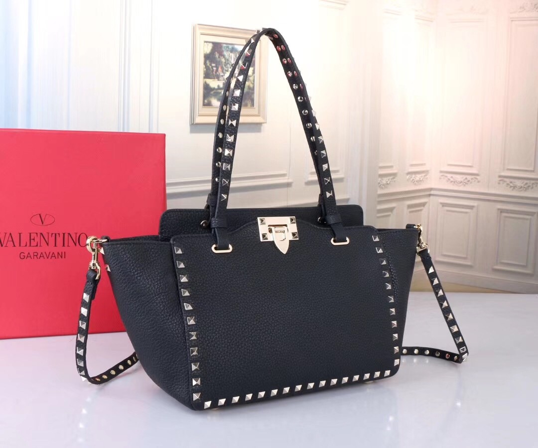 Va1e*ntin0 small rockstud tote in black grain calfskin