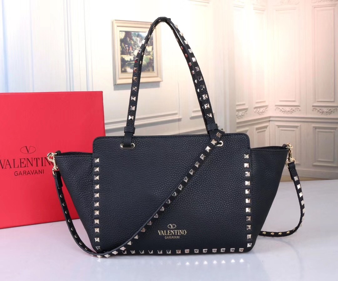 Va1e*ntin0 small rockstud tote in black grain calfskin