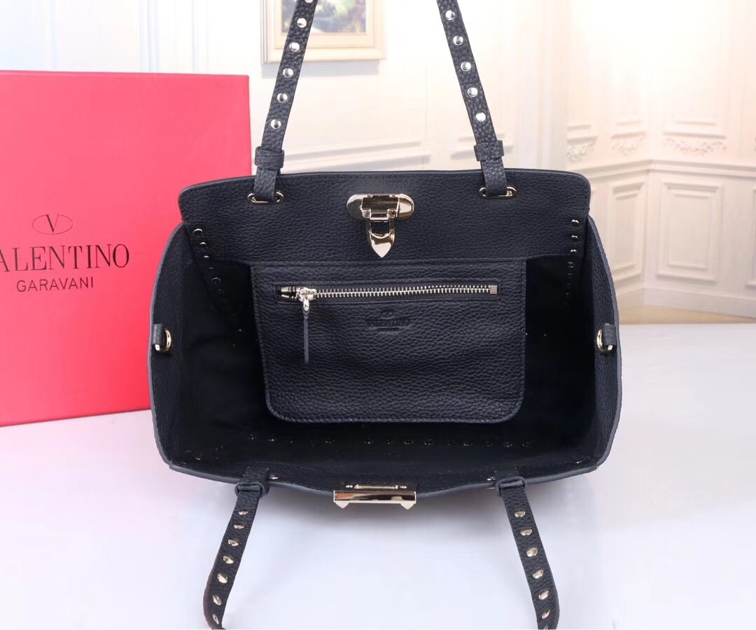 Va1e*ntin0 small rockstud tote in black grain calfskin