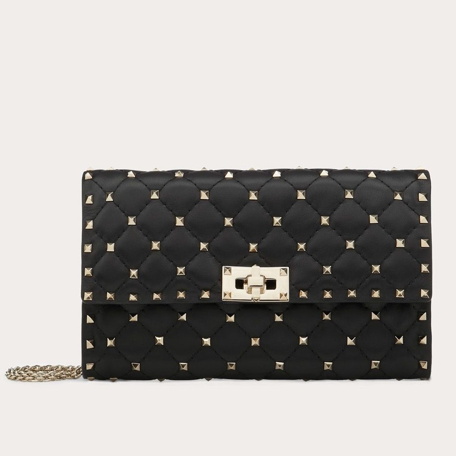 Va1e*ntin0 rockstud spike chain clutch in black lambskin