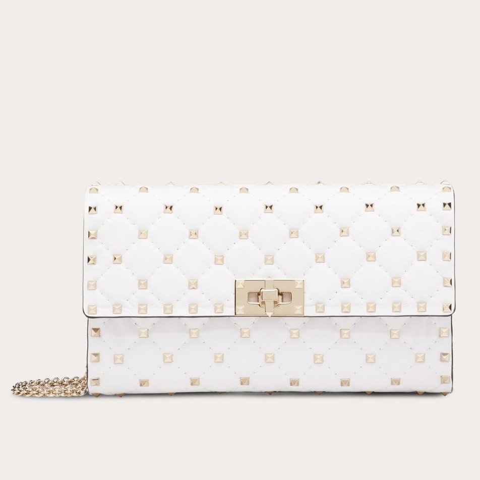 Va1e*ntin0 rockstud spike chain clutch in white lambskin
