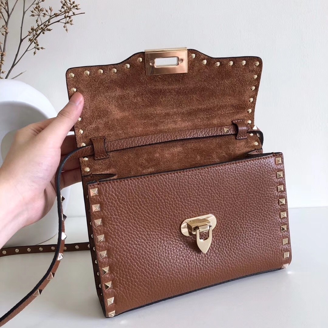 Va1e*ntin0 rockstud small crossbody bag in brown grained leather