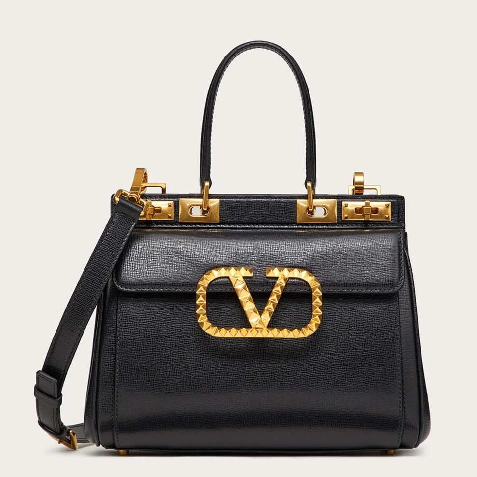 Va1e*ntin0 rockstud alcove medium top handle bag in black calfskin