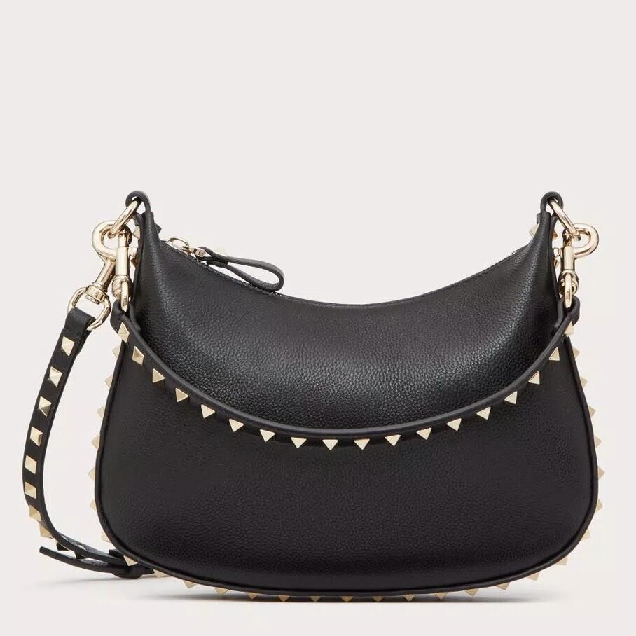 Va1e*ntin0 rockstud small hobo bag in black grainy calfskin