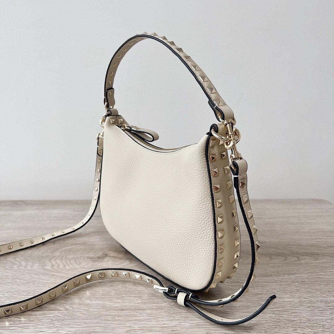 Va1e*ntin0 rockstud small hobo bag in white grainy calfskin