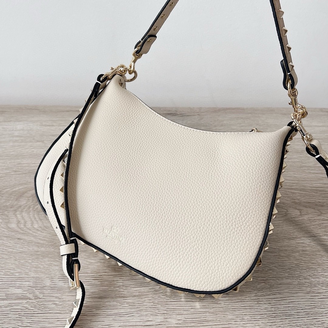 Va1e*ntin0 rockstud small hobo bag in white grainy calfskin