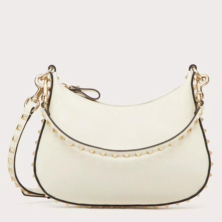 Va1e*ntin0 rockstud small hobo bag in white grainy calfskin