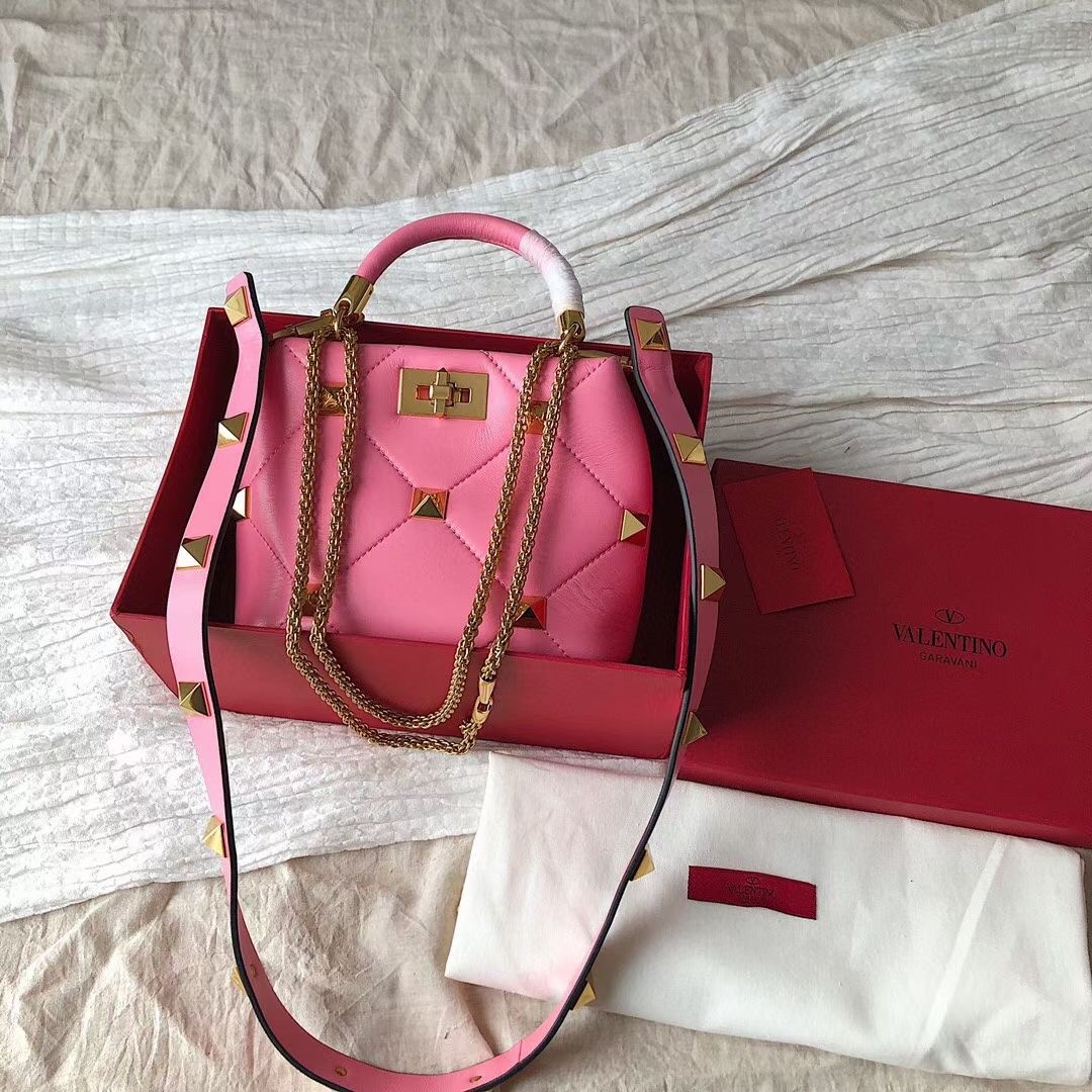 Va1e*ntin0 small roman stud top handle bag in flamingo nappa