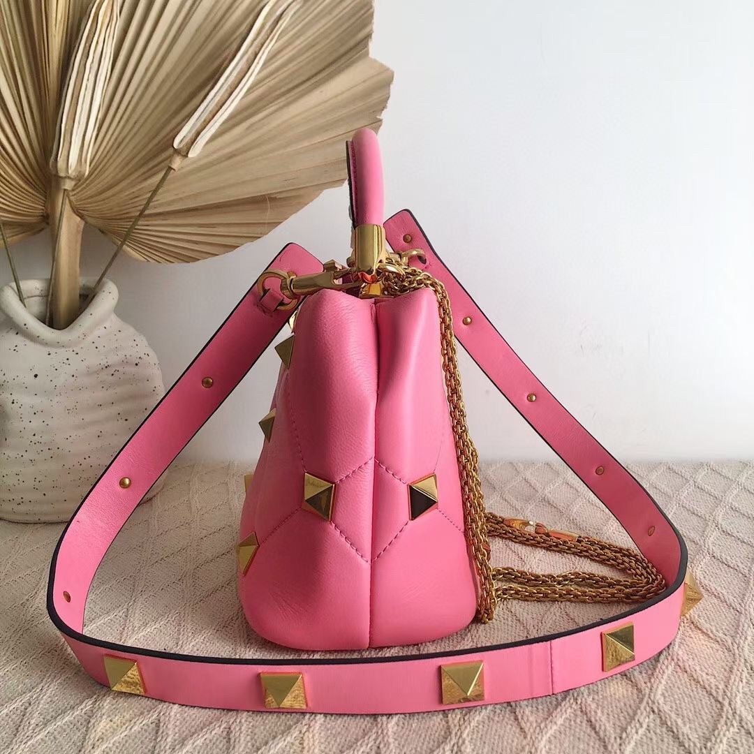 Va1e*ntin0 small roman stud top handle bag in flamingo nappa