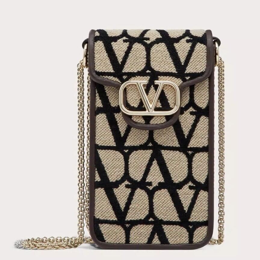 Va1e*ntin0 loco phone case in black toile iconographe with chain
