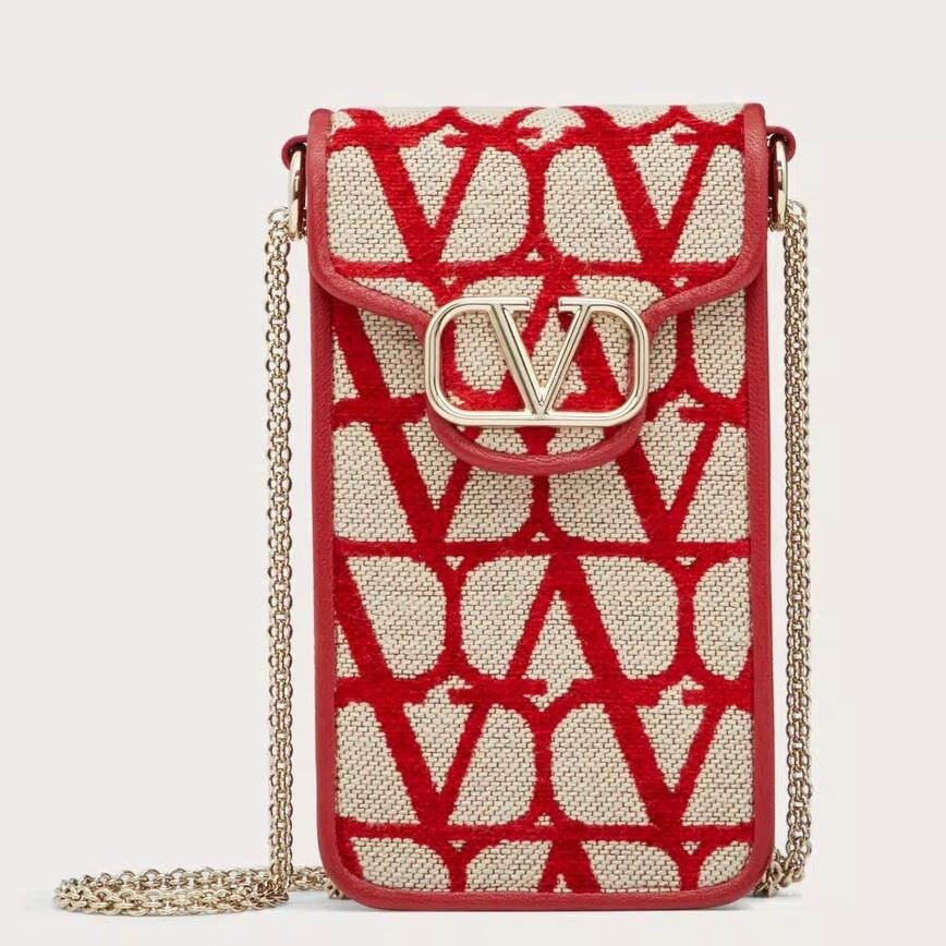 Va1e*ntin0 loco phone case in red toile iconographe with chain