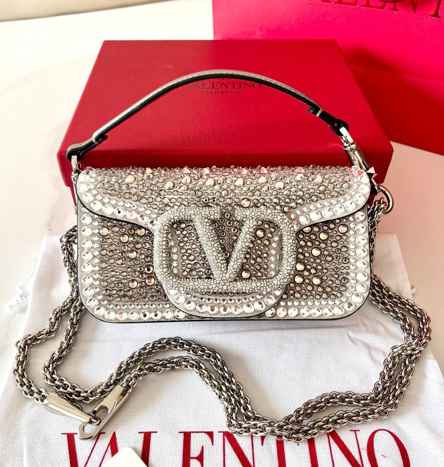 Va1e*ntin0 small loco shoulder silver bag with rhinestone applique