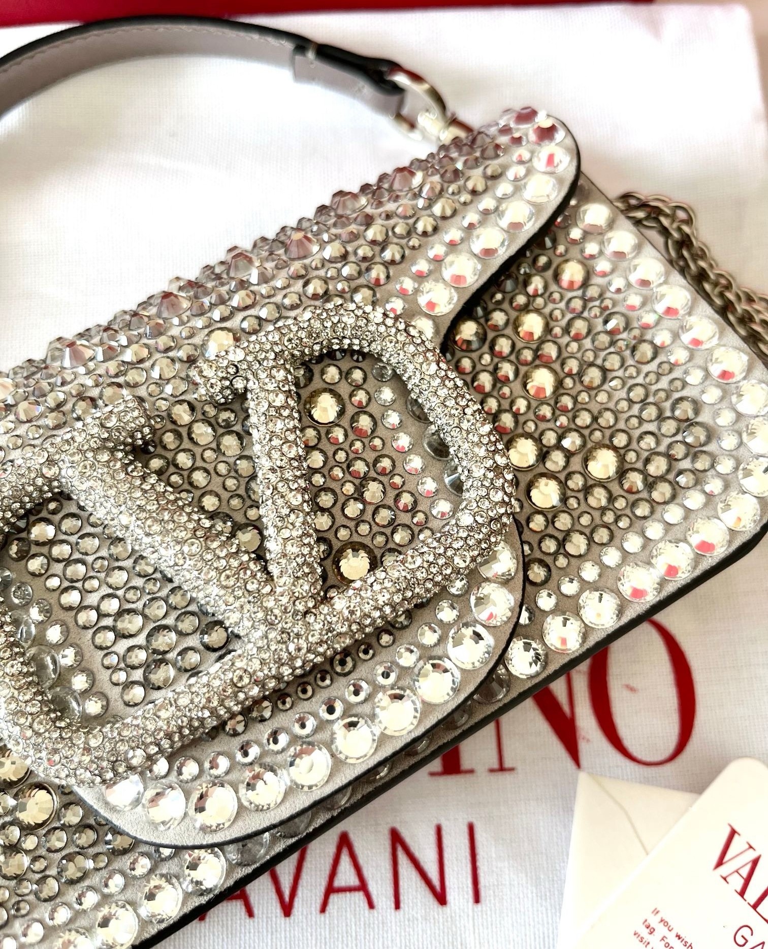 Va1e*ntin0 small loco shoulder silver bag with rhinestone applique