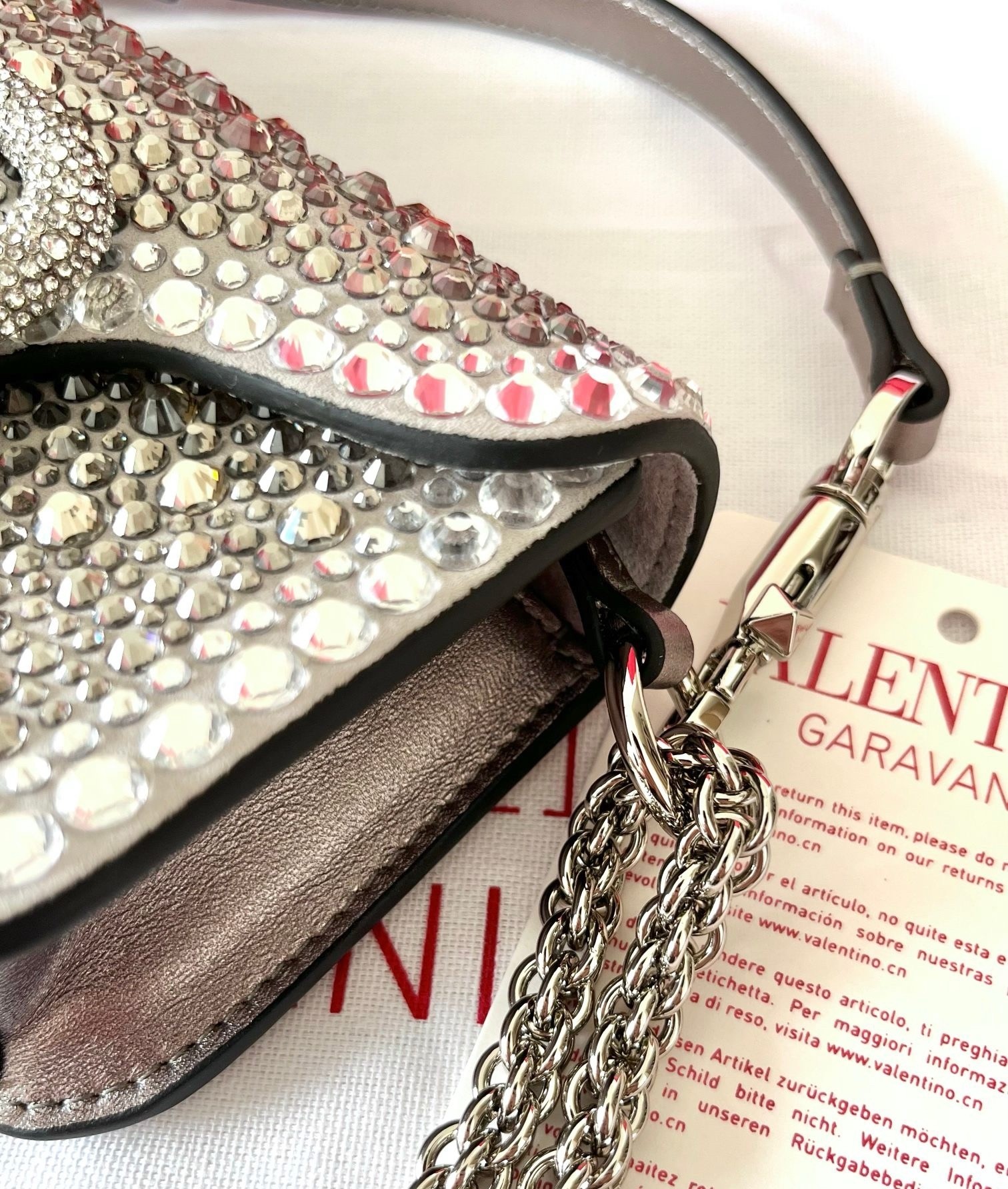 Va1e*ntin0 small loco shoulder silver bag with rhinestone applique