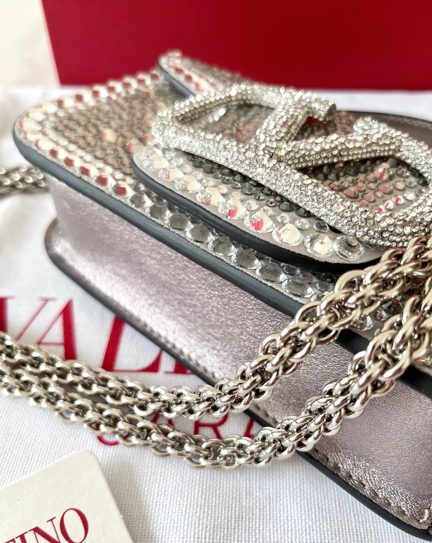 Va1e*ntin0 small loco shoulder silver bag with rhinestone applique