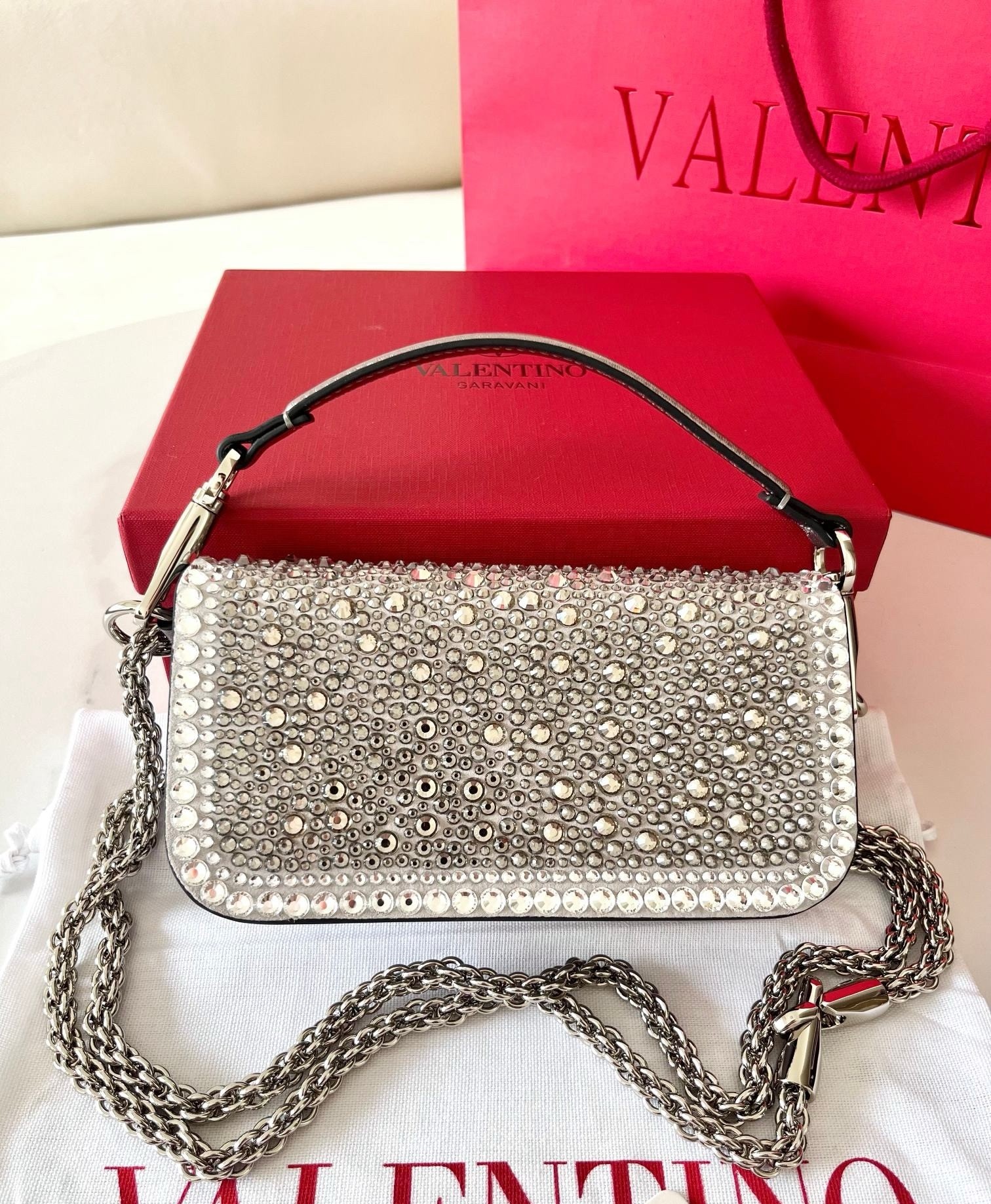 Va1e*ntin0 small loco shoulder silver bag with rhinestone applique