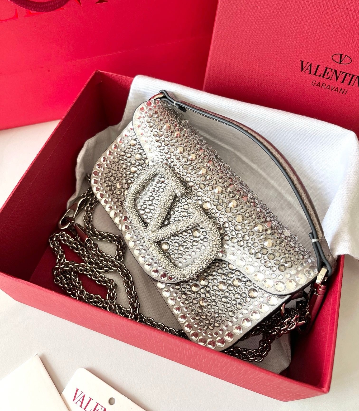 Va1e*ntin0 small loco shoulder silver bag with rhinestone applique