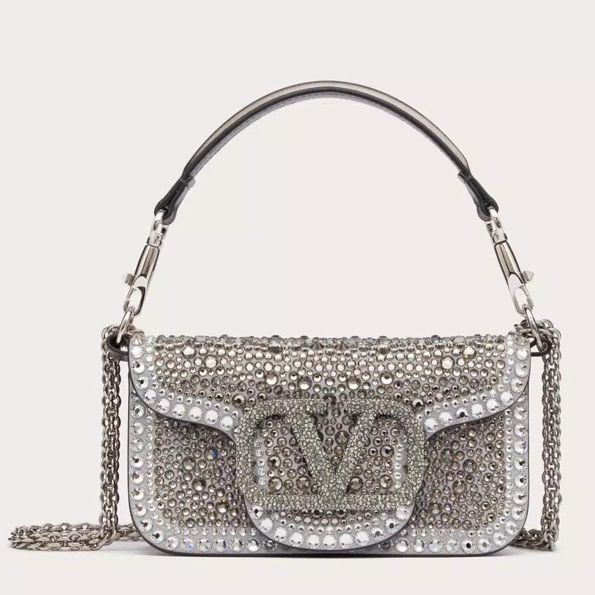 Va1e*ntin0 small loco shoulder silver bag with rhinestone applique