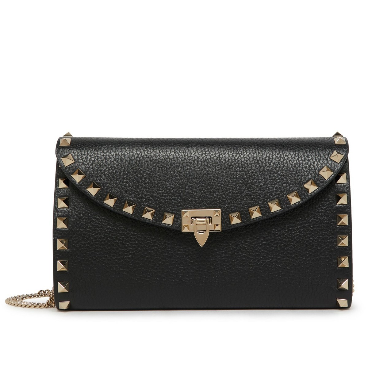 Va1e*ntin0 rockstud wallet with chain in black grained leather