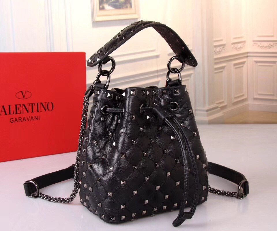 Va1e*ntin0 small black rockstud spike bucket bag