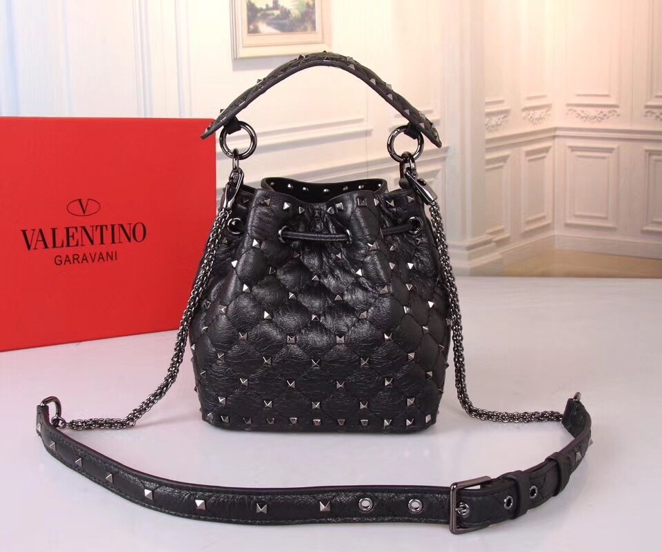 Va1e*ntin0 small black rockstud spike bucket bag