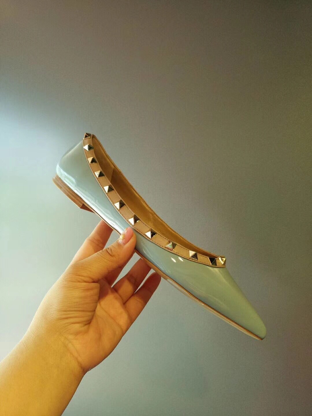Va1e*ntin0 rockstud ballet flats in light blue patent leather