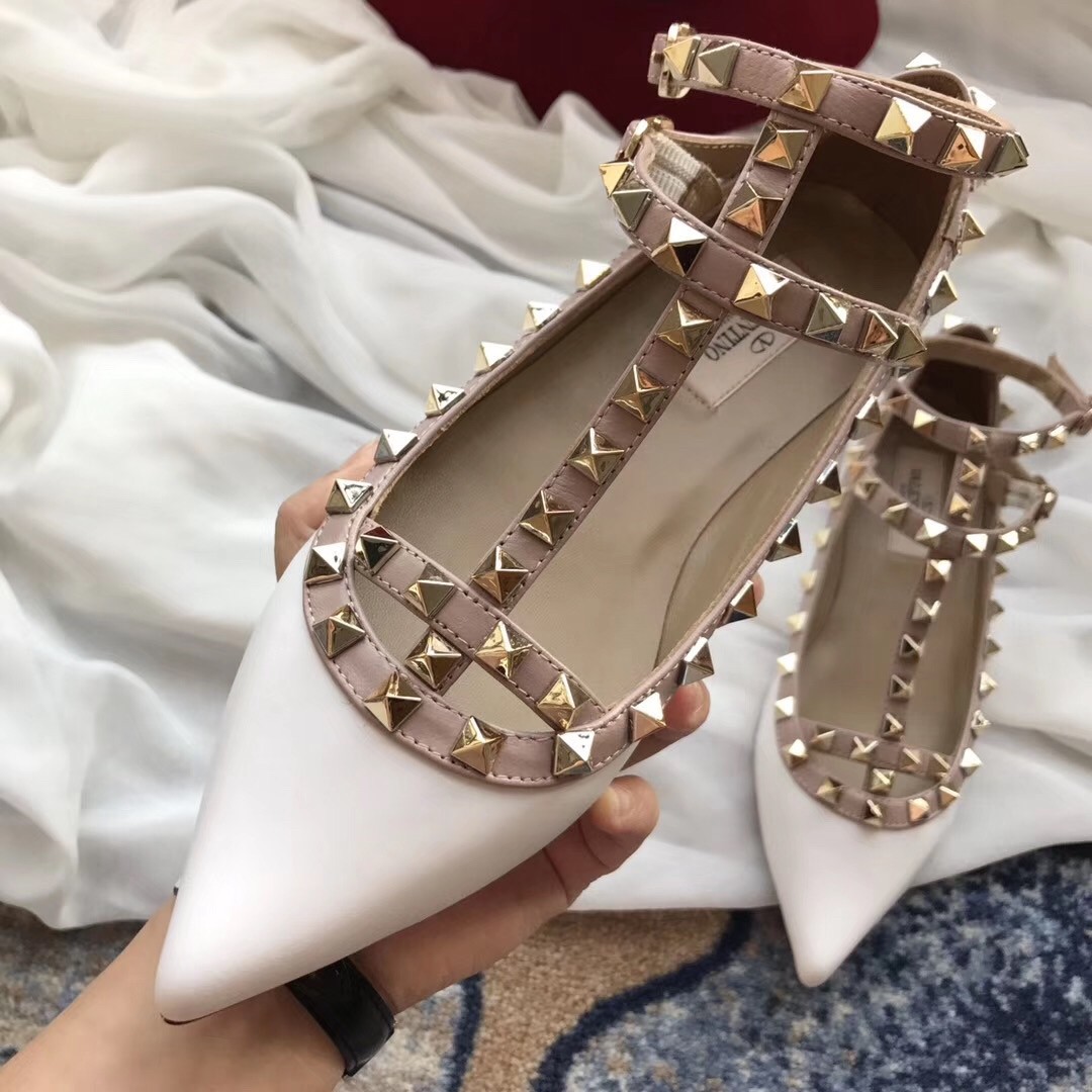 Va1e*ntin0 caged rockstud ballet flats in white patent leather
