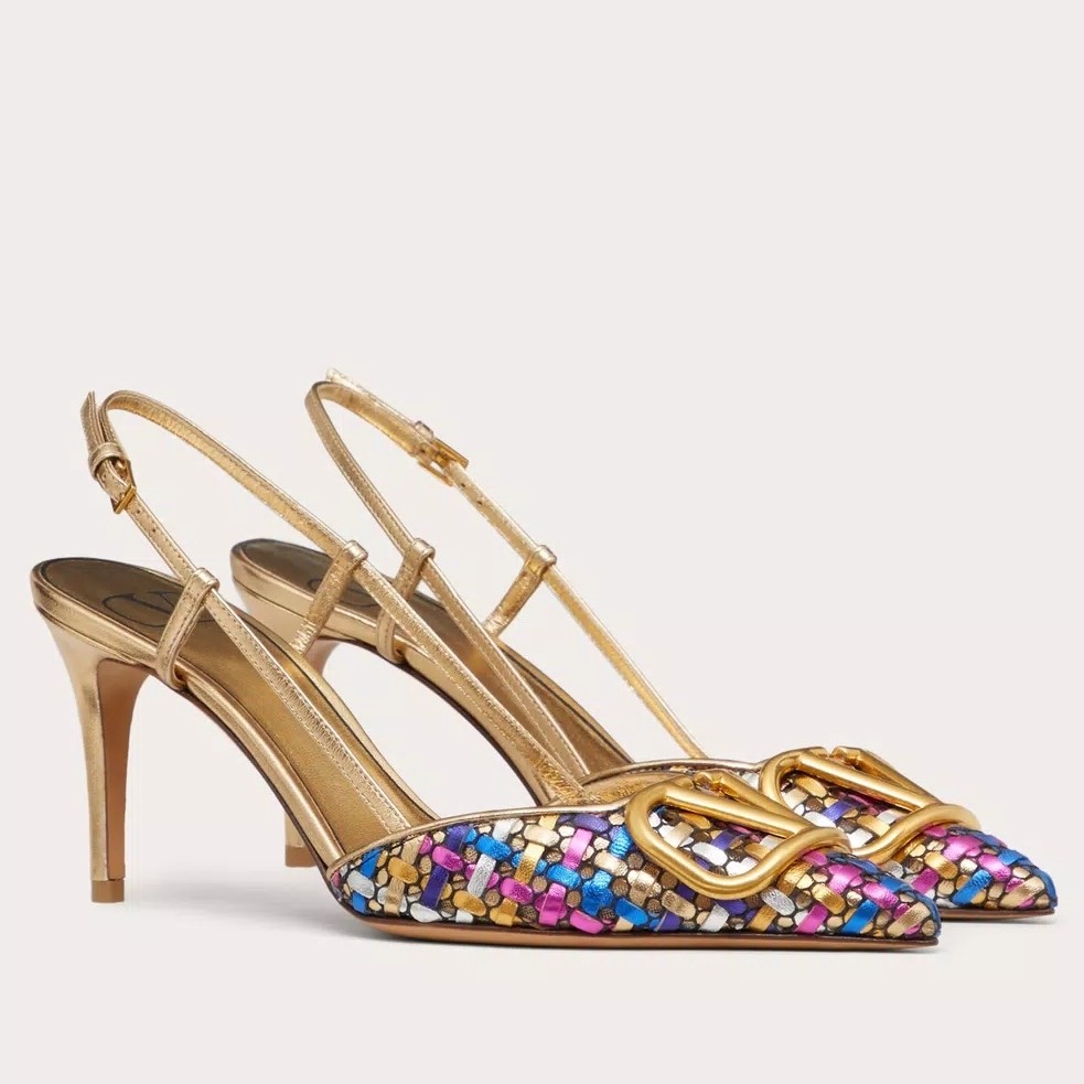 Va1e*ntin0 vlogo signature slingback pumps 80mm in woven metallic leather
