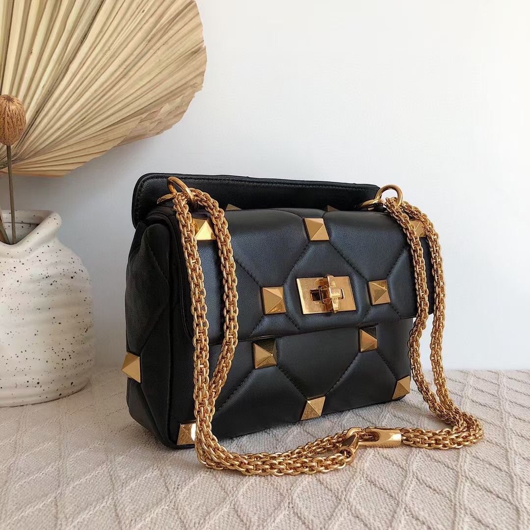 Va1e*ntin0 medium roman stud chain bag in black nappa