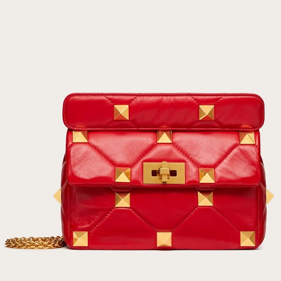 Va1e*ntin0 medium roman stud chain bag in red nappa