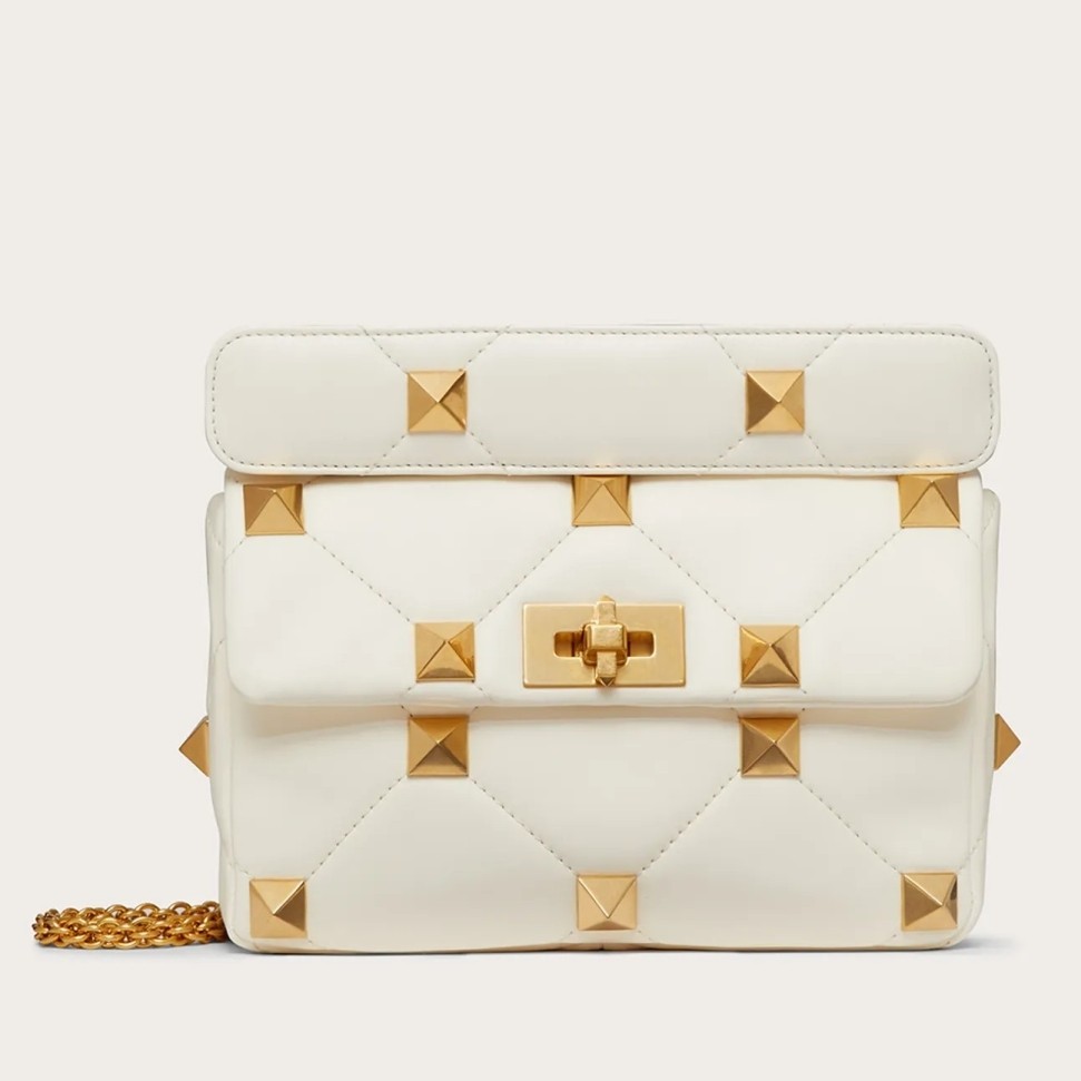 Va1e*ntin0 medium roman stud chain bag in white nappa