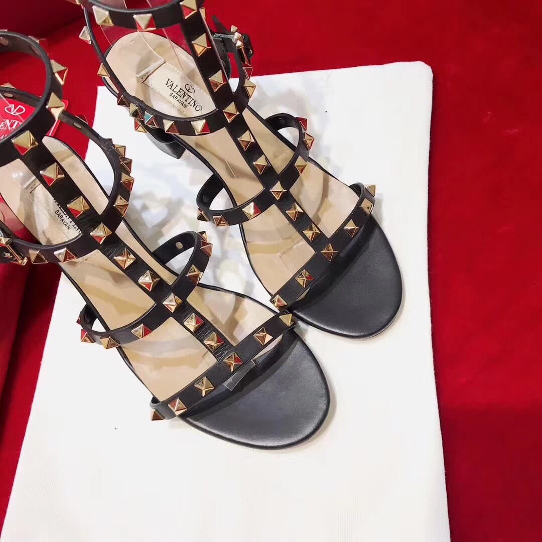 Va1e*ntin0 rockstud ankle strap sandals 60mm in black calfskin