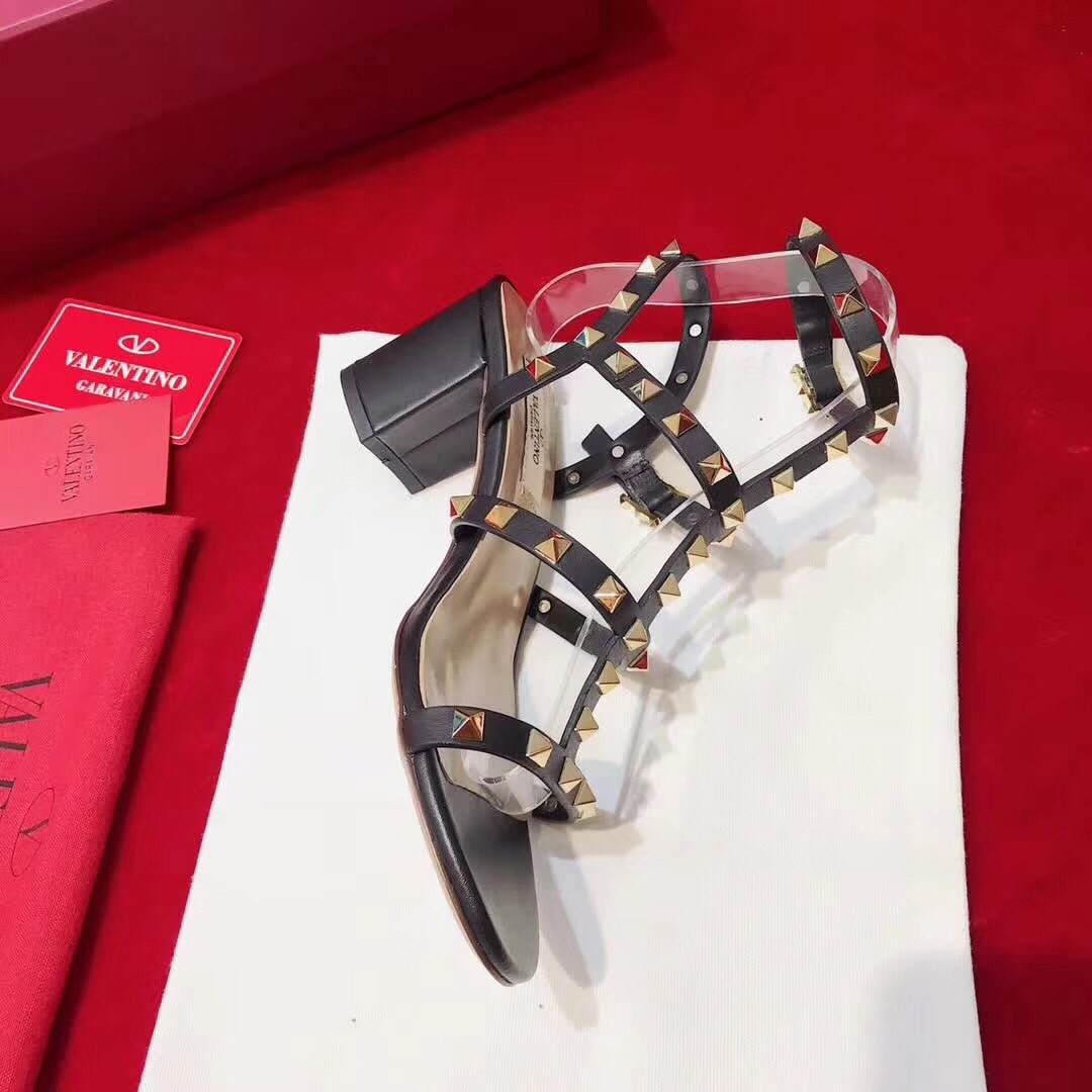 Va1e*ntin0 rockstud ankle strap sandals 60mm in black calfskin