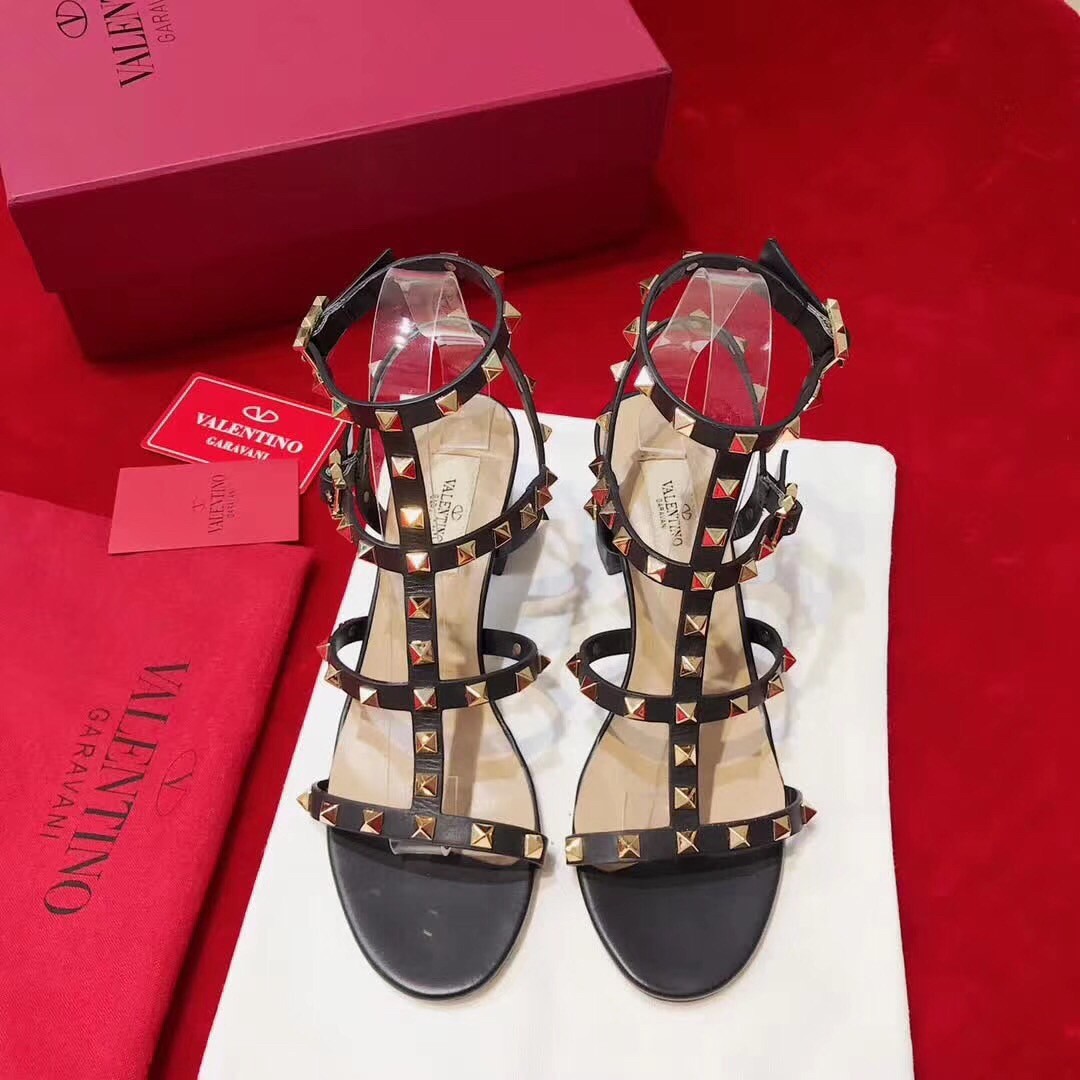 Va1e*ntin0 rockstud ankle strap sandals 60mm in black calfskin