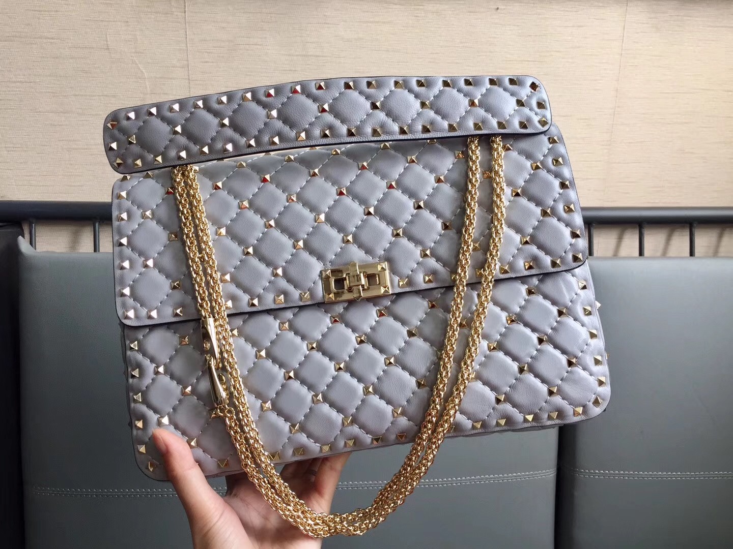 Va1e*ntin0 large rockstud spike bag in pale blue lambskin