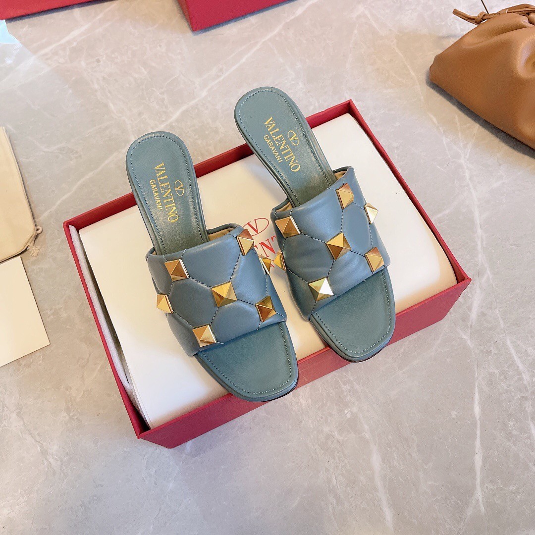 Va1e*ntin0 roman stud flat slides in blue quilted nappa