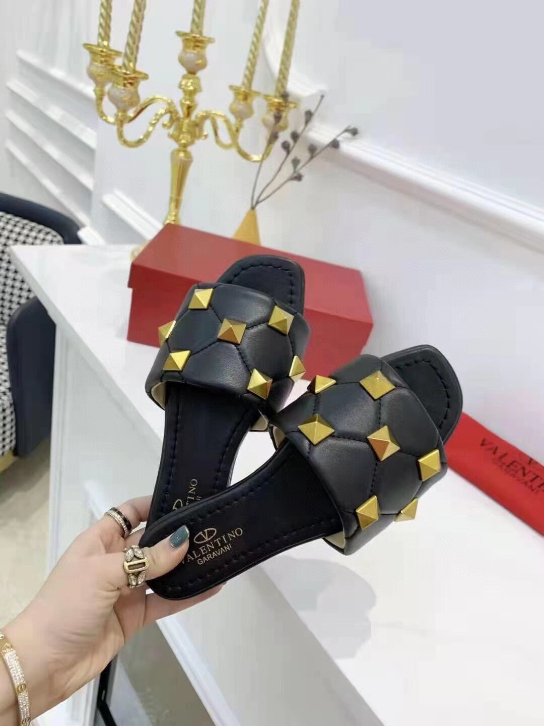 Va1e*ntin0 roman stud slide sandals in black nappa leather