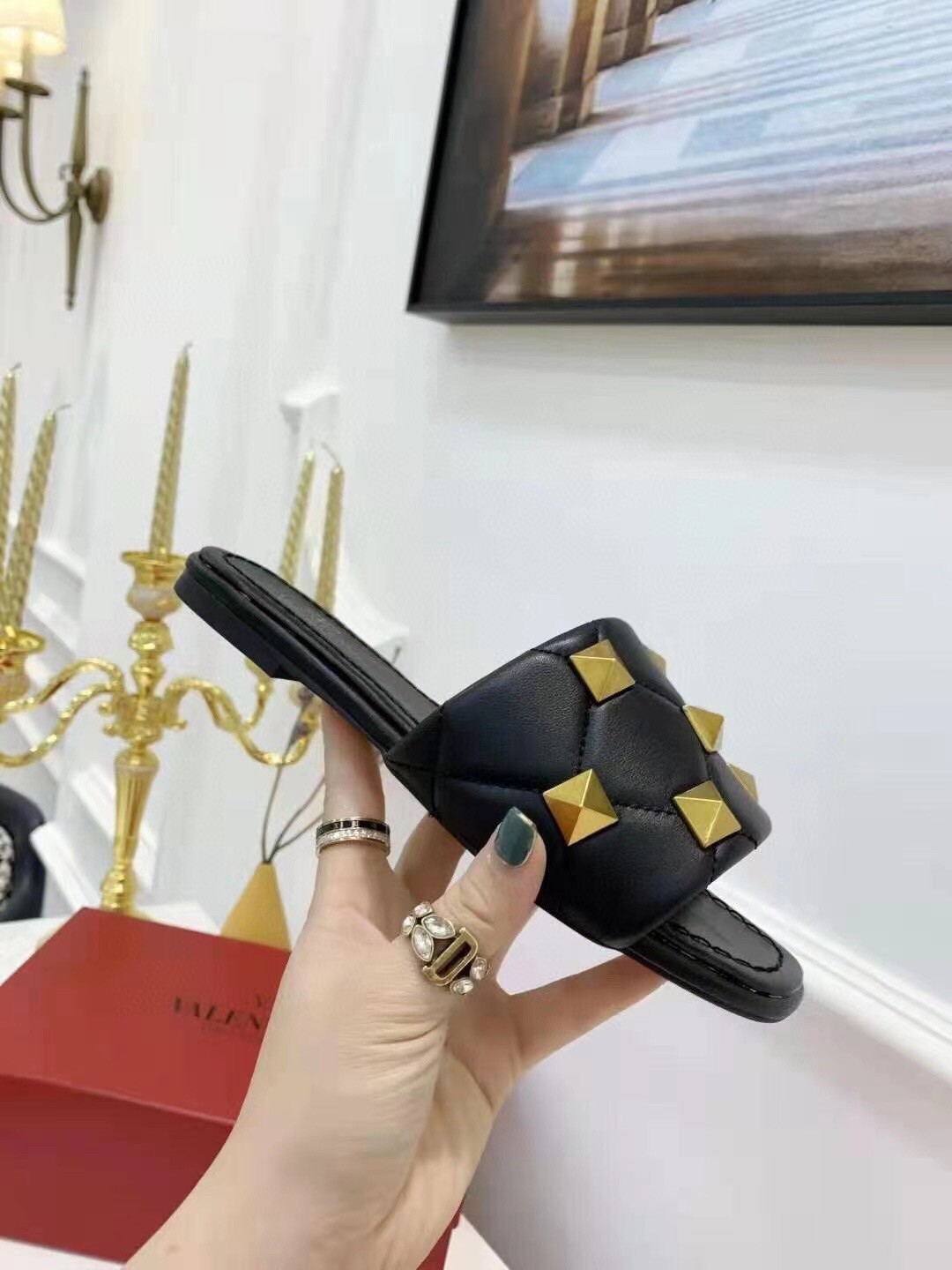 Va1e*ntin0 roman stud slide sandals in black nappa leather