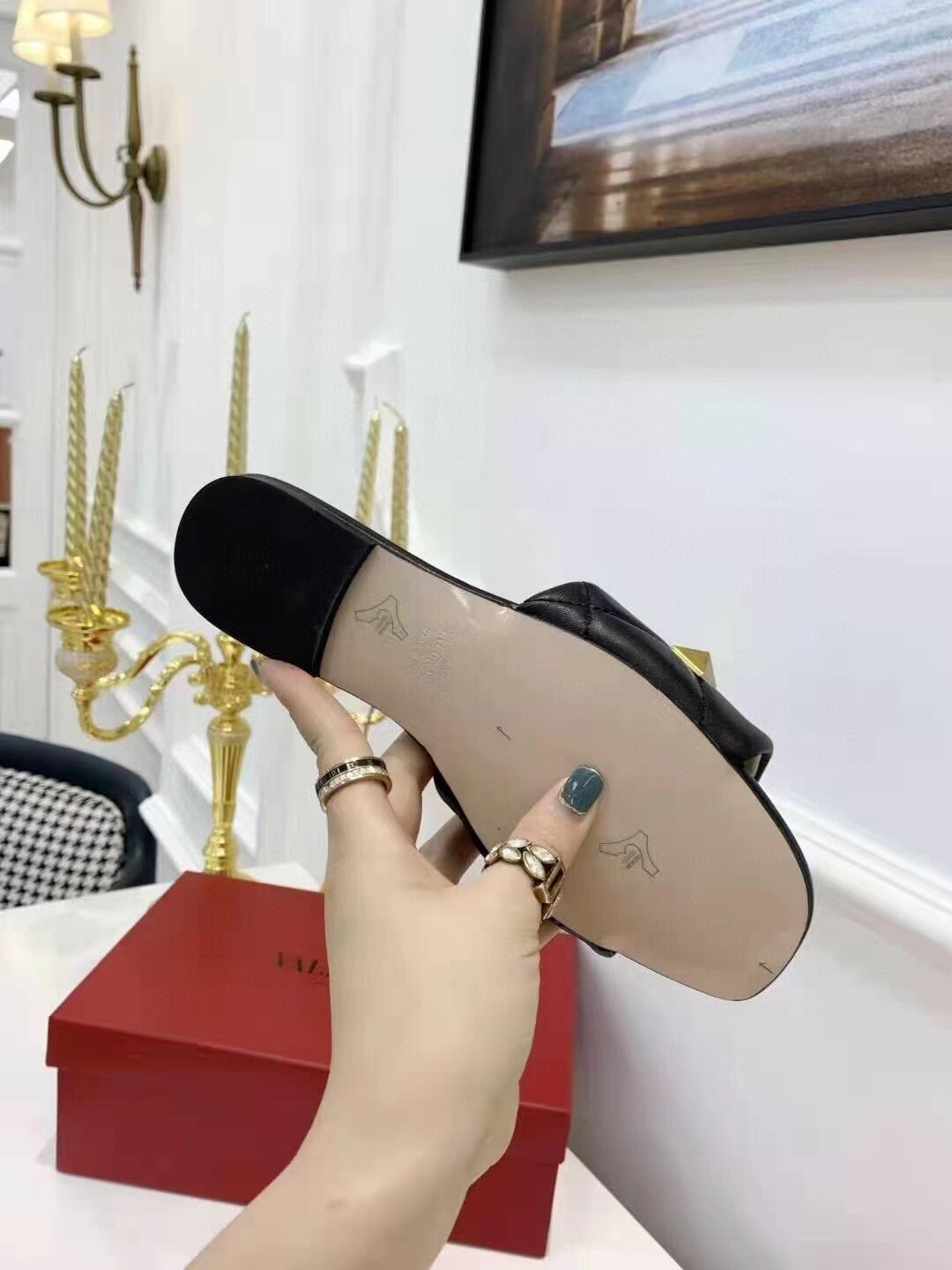 Va1e*ntin0 roman stud slide sandals in black nappa leather