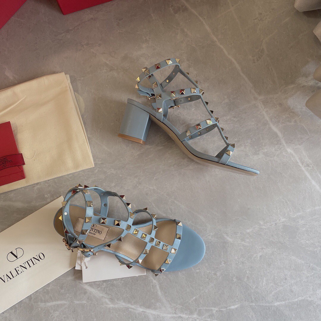 Va1e*ntin0 rockstud ankle strap sandals 60mm in blue calfskin