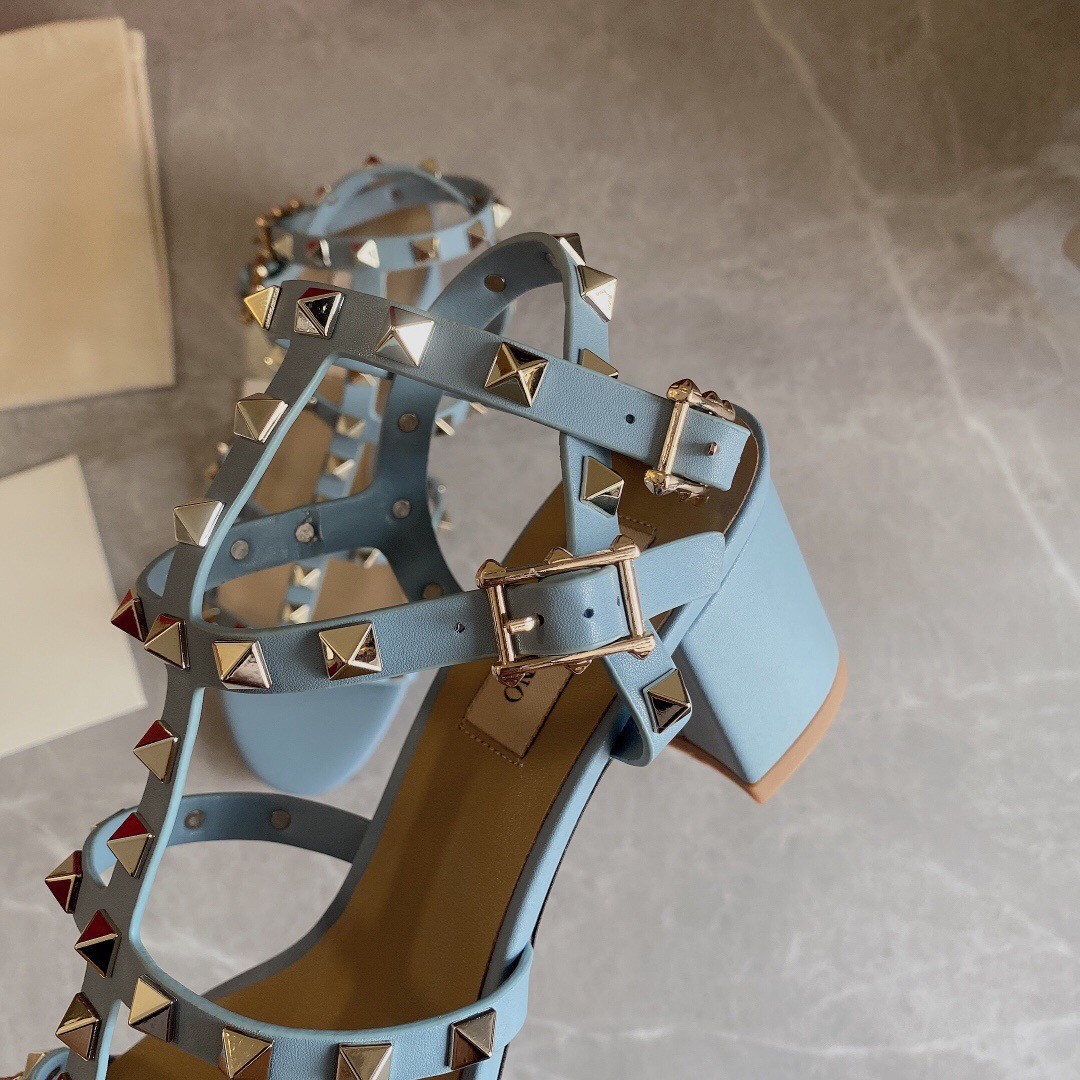 Va1e*ntin0 rockstud ankle strap sandals 60mm in blue calfskin
